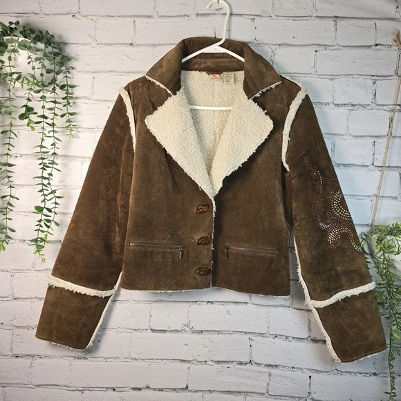 VINTAGE PENNY LANE LIKE LOVE SUEDE JACKET EMBROIDERED SHERPA LINED WOMENS L - Picture 1 of 8